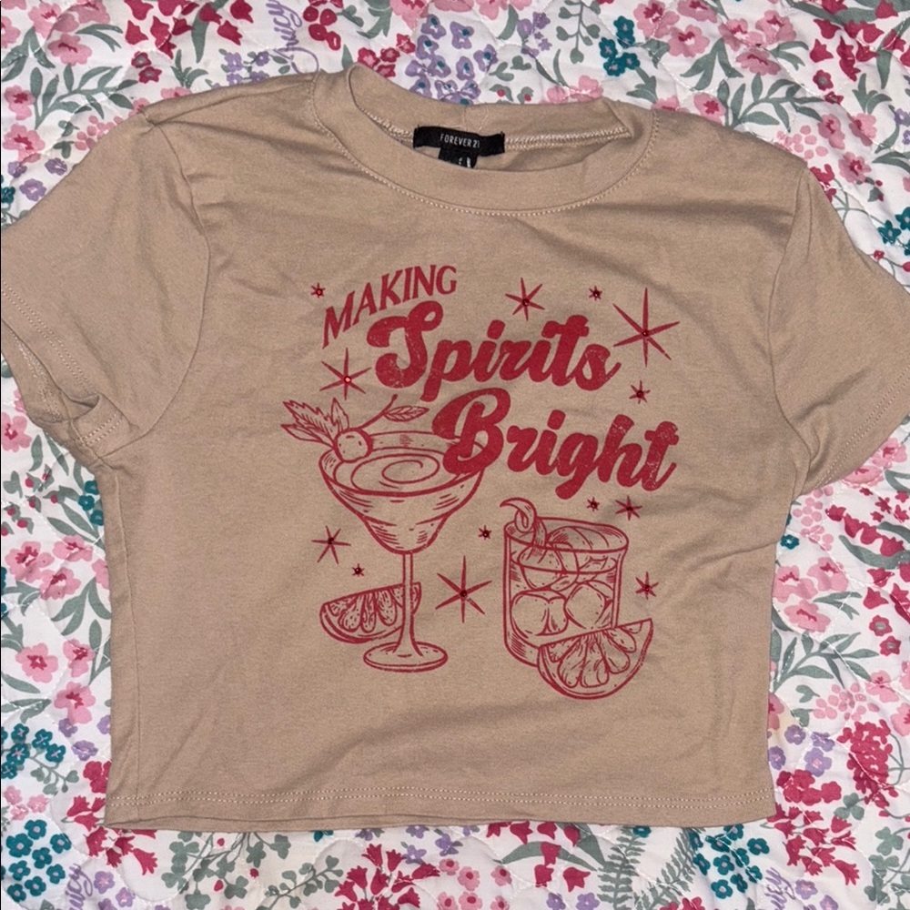 Forever 21 Beige Tee with Red Festive Print